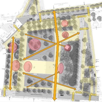 Plan des cheminements piétons sur et autour de la place.